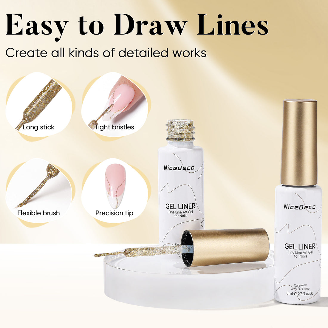 Nicedeco Gel Polish Nail Art Liner Gel 2 Colors, Hema Free, Cruelty Free, Vegan, Metallic Nail Design for Chrome French