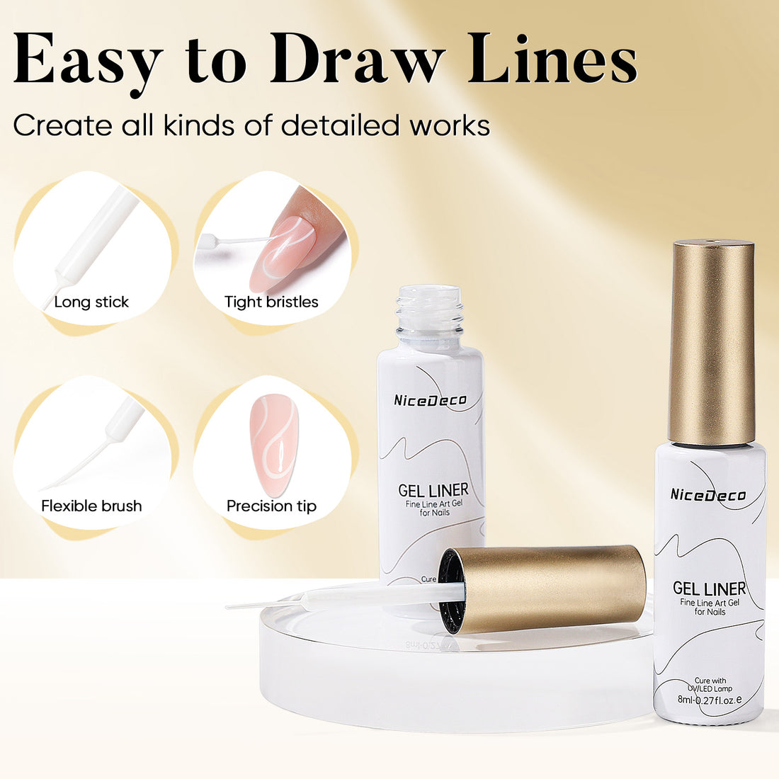 Nicedeco Gel Polish Nail Art Liner Gel 2 Colors, Hema Free, Cruelty Free, Vegan, Black White Nail Design for French Manicure