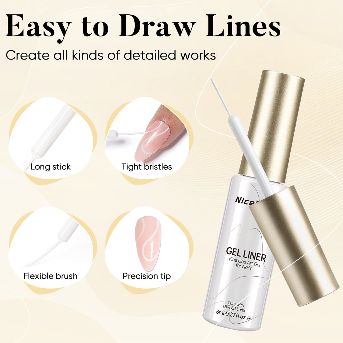 Nicedeco Gel Polish Nail Art Liner Gel, Hema Free, Cruelty Free, Vegan, White Nail Design with Thin Brush for French Manicure