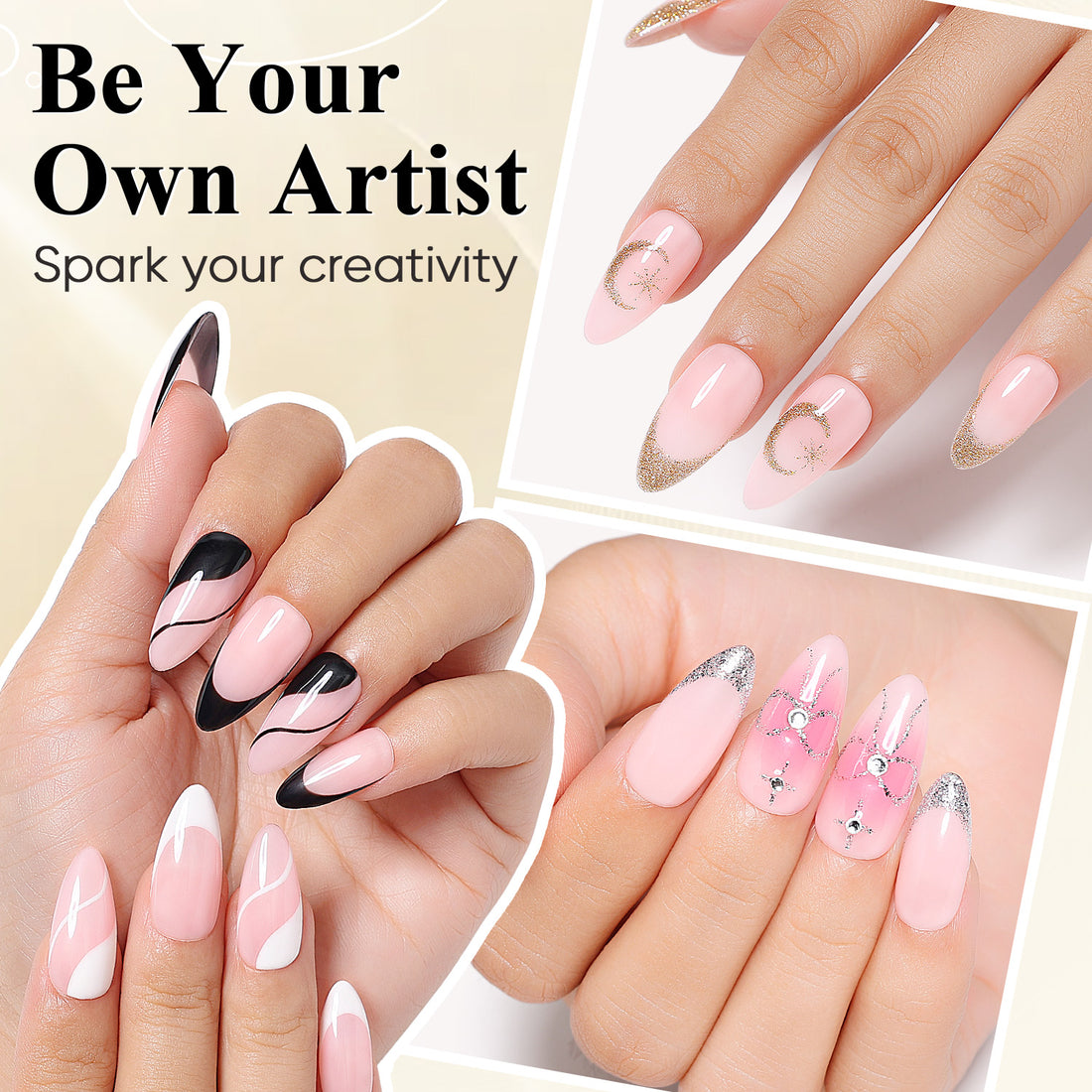 Nicedeco Gel Polish Nail Art Liner Gel 4 Colors, Hema Free, Cruelty Free, Vegan, Black White Metallic Nail Design for Chrome French Manicure