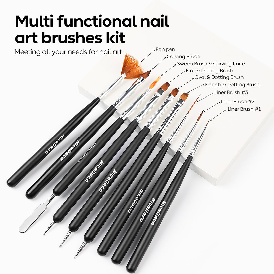 Nicedeco Nail Art Brushes 9pcs, Double-ended Nail Dotting Tool Gel Polish Liner Brushes Design Pen For Nail Drawing and Nail Paint Small Detail Brushes Manicure Design Set