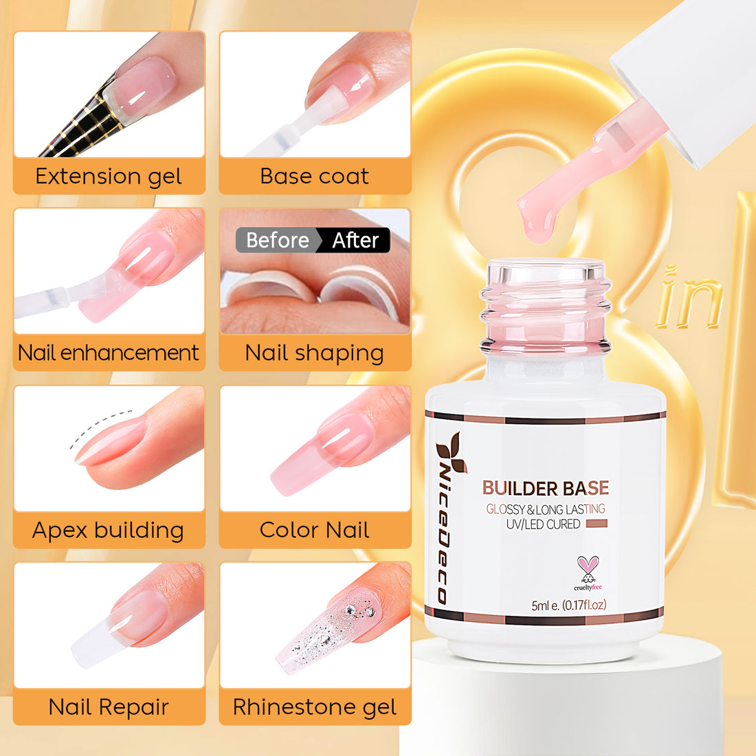 Nicedeco Builder Nail Gel Polish 6pcs, Hema Free, Cruelty Free, Vegan, Base Colors Nude Pink Hard Strengthener Rubber Gel Extension Kit 50