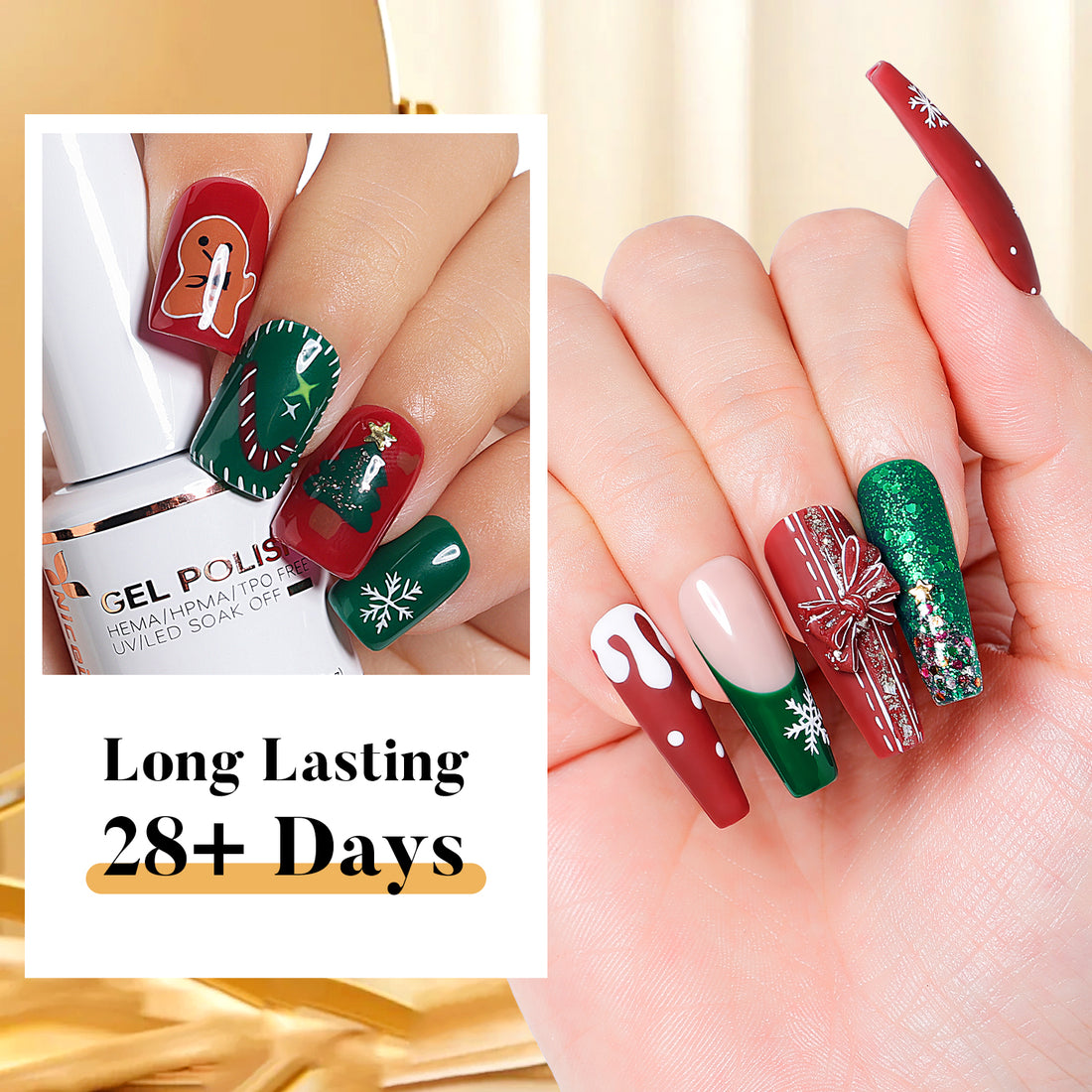 Nicedeco Gel Nail Polish Nail 12 Colors, Hema Free, Cruelty Free, Vegan, Christmas Red White Green Golden Glitter U V Gel Manicure Kit 8