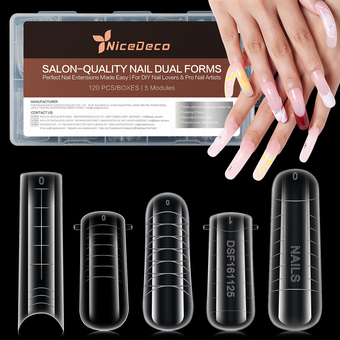 Nicedeco Poly Extension Gel Dual Nail Forms, 120pcs Nail Molds for Builder Extension, 5 Style 12 Size Dual Forms for Gel Nail Tips Nail Art Design Salon DIY Kit 2