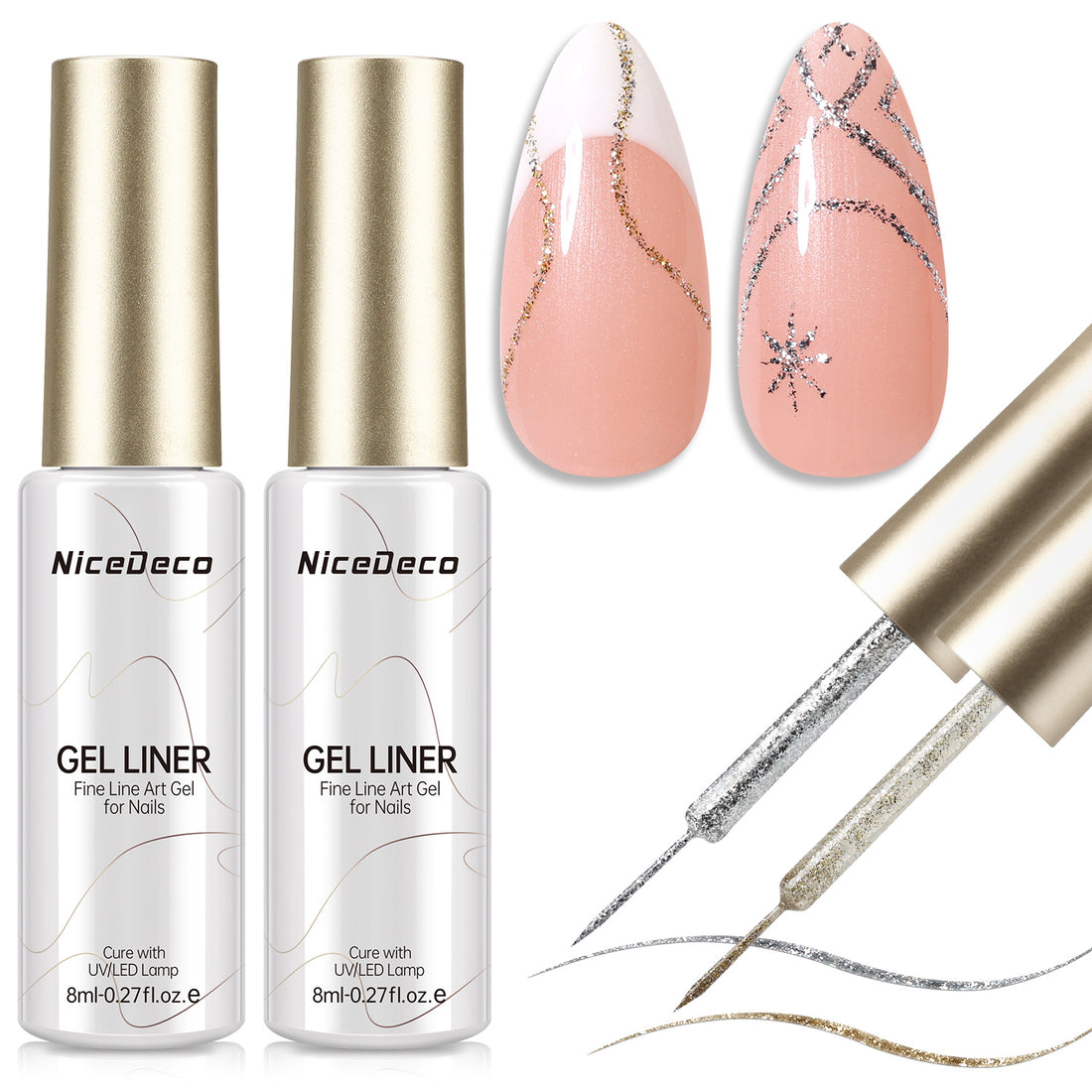 Nicedeco Gel Polish Nail Art Liner Gel 2 Colors, Hema Free, Cruelty Free, Vegan, Metallic Nail Design for Chrome French