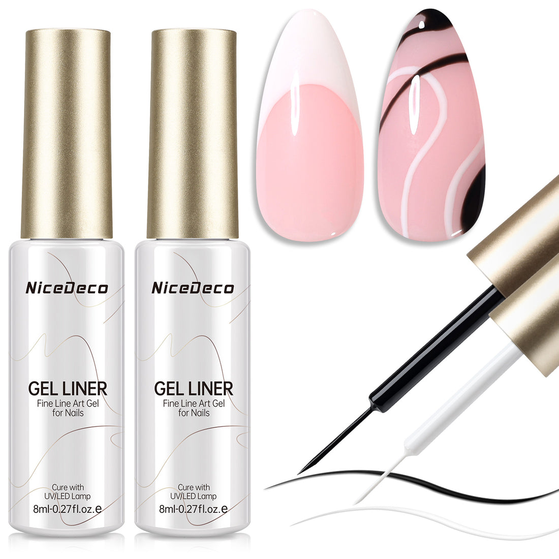 Nicedeco Gel Polish Nail Art Liner Gel 2 Colors, Hema Free, Cruelty Free, Vegan, Black White Nail Design for French Manicure