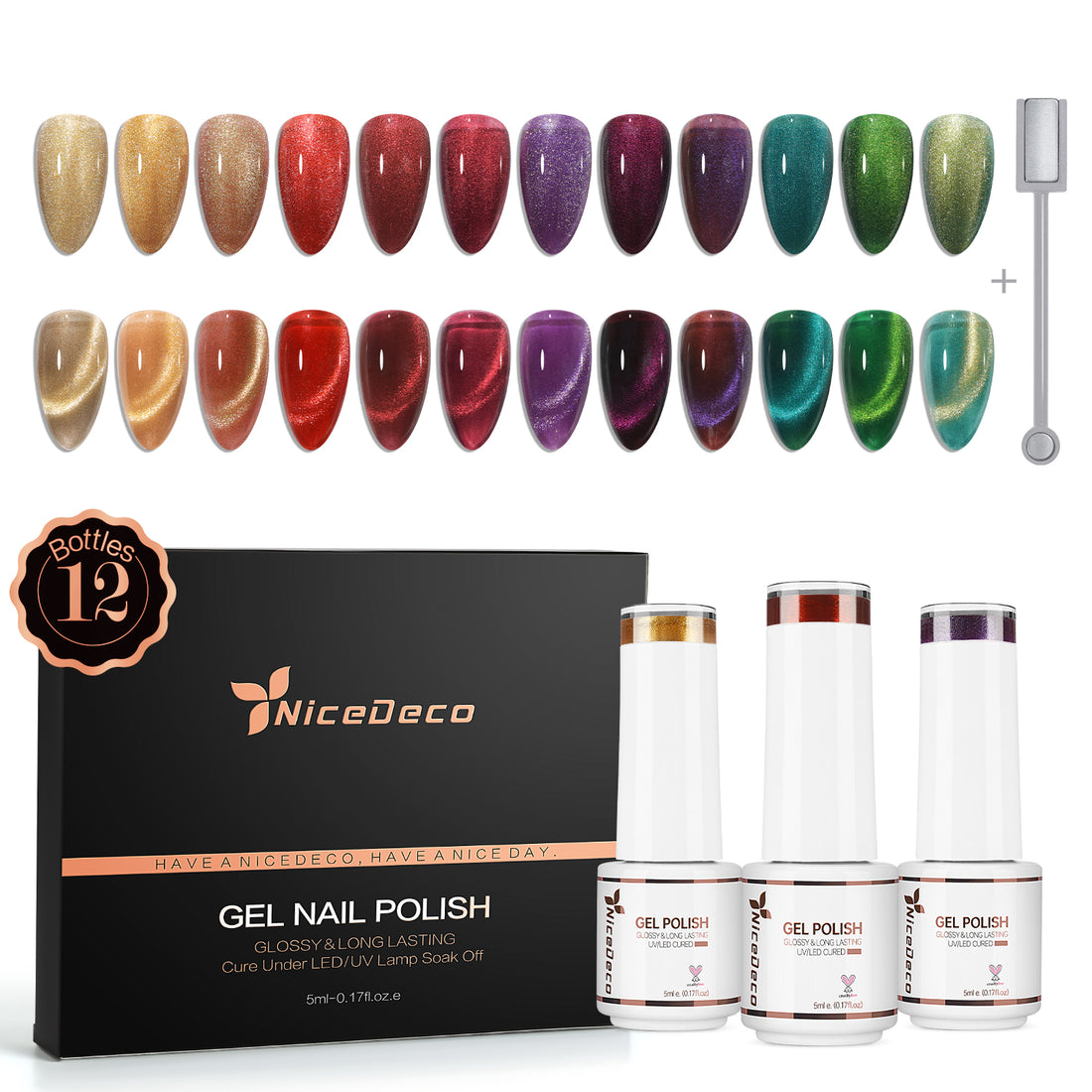 Nicedeco Cat Eye Gel Nail Polish, Hema Free, Cruelty Free, Vegan, High Gloss Long Lasting Soak Off LED U V Gel 12 Colors Kit 11