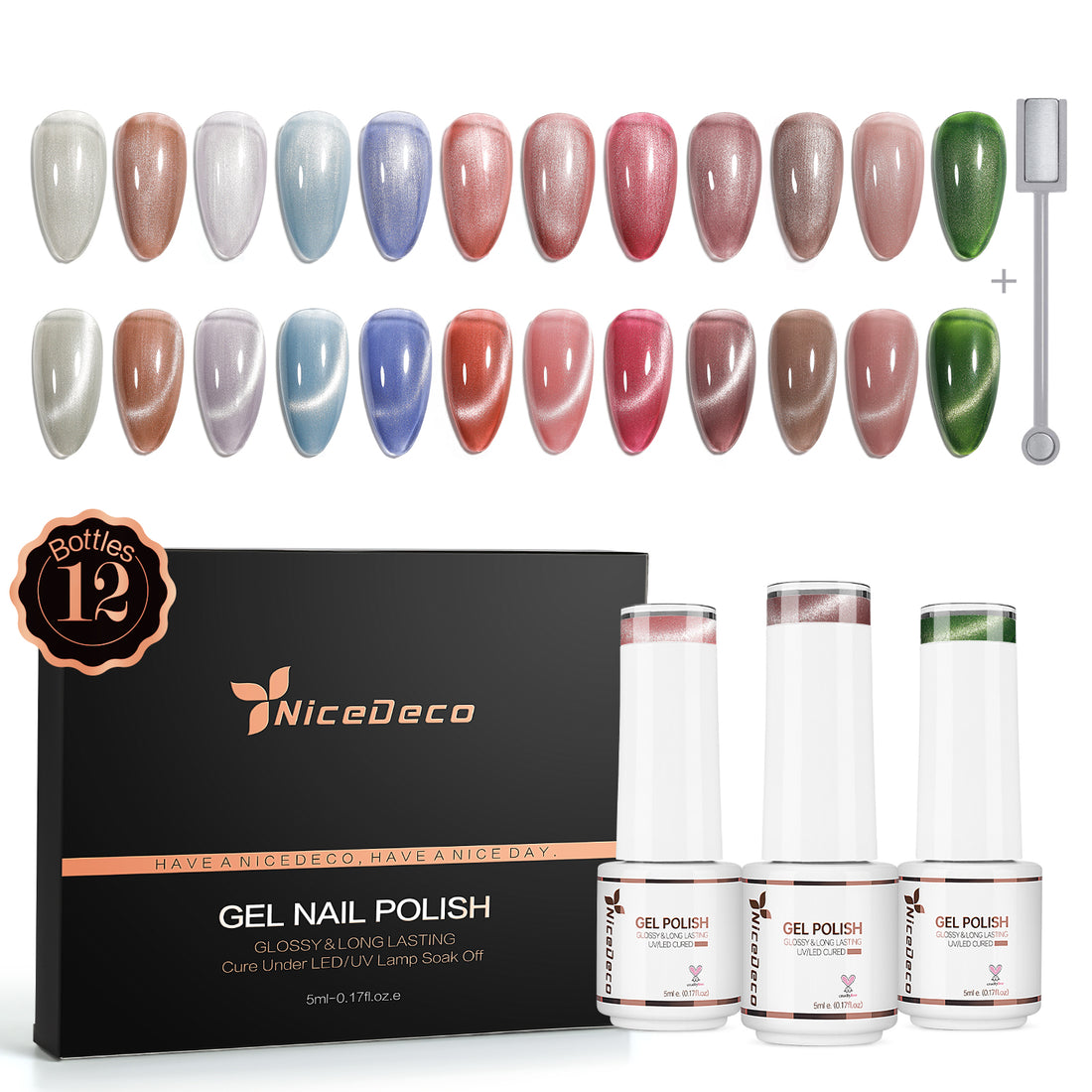 Nicedeco Cat Eye Gel Nail Polish, Hema Free, Cruelty Free, Vegan, High Gloss Long Lasting Soak Off LED U V Gel 12 Colors Kit 12