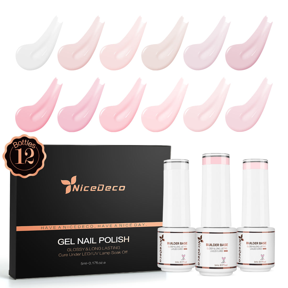 Nicedeco Builder Nail Gel Polish 12pcs, Hema Free, Cruelty Free, Vegan, Base Colors Nude Pink Hard Strengthener Rubber Gel Extension Kit 1