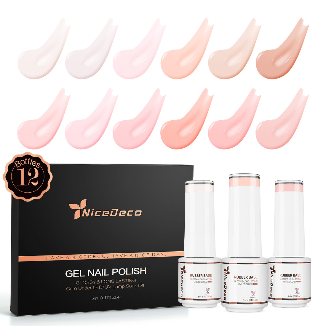 Nicedeco Rubber Base Gel Polish for Nails, Hema Free, Cruelty Free, Vegan, 12 Pcs Rubber Gel Nail Strengthener Nude Pink Nail Polish Kit 2