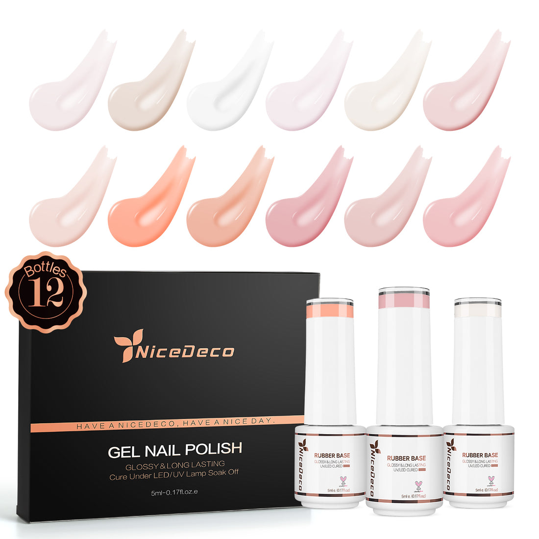 Nicedeco Rubber Base Gel Polish for Nails, Hema Free, Cruelty Free, Vegan, 12 Pcs Rubber Gel Nail Strengthener Nude Pink Nail Polish Kit 3