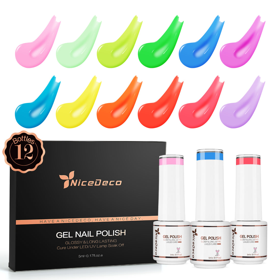 Nicedeco Gel Nail Polish Nail 12 Colors, Hema Free, Cruelty Free, Vegan, Neon Pink Yellow Blue U V Gel Manicure DIY Home for Women Girls Kit 6