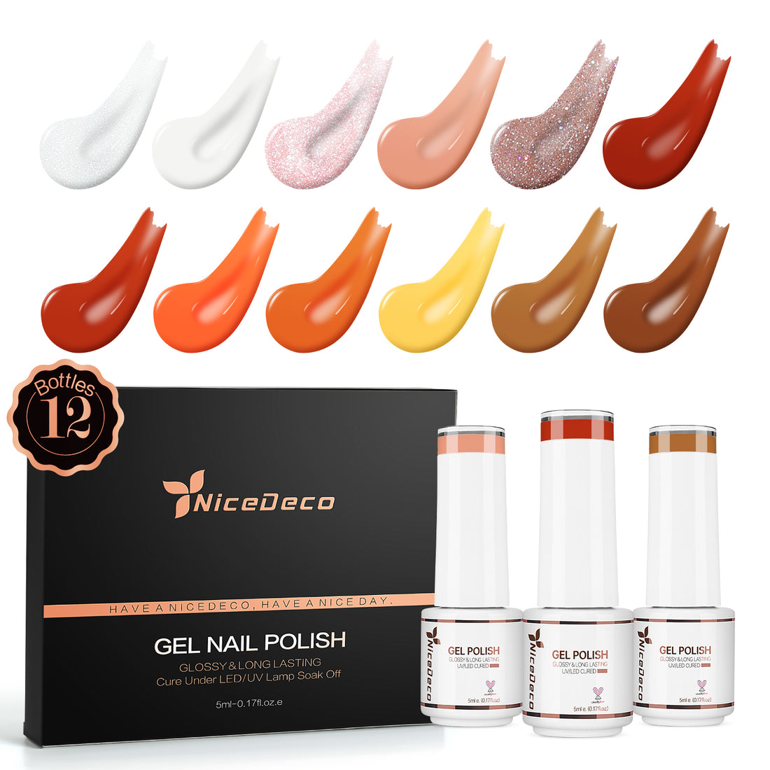 Nicedeco Gel Nail Polish Nail 12 Colors, Hema Free, Cruelty Free, Vegan, Nude Pink Orange Brown Fall U V Gel Manicure Kit 7