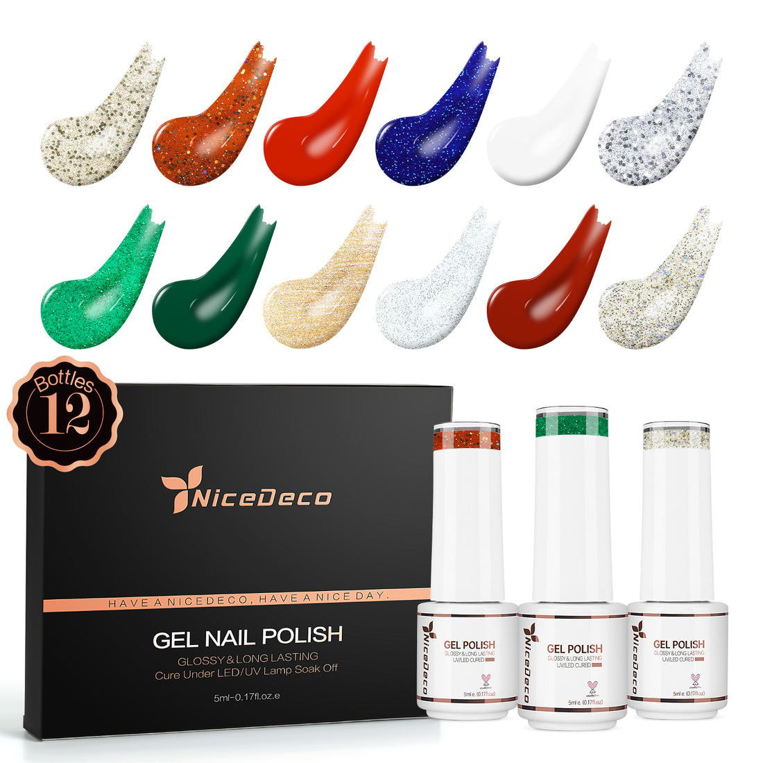 Nicedeco Gel Nail Polish Nail 12 Colors, Hema Free, Cruelty Free, Vegan, Christmas Red White Green Golden Glitter U V Gel Manicure Kit 8