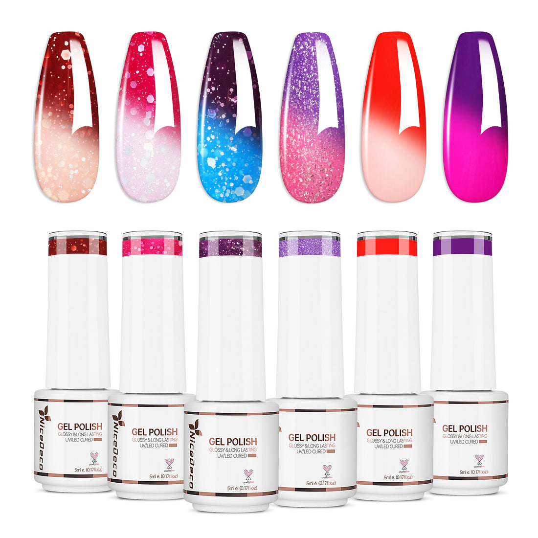 Nicedeco Gel Nail Polish 6pcs, Hema Free, Cruelty Free, Vegan, Color Changing Soak Off LED U V Gel for Nail Art Manicure Salon DIY Kit 51