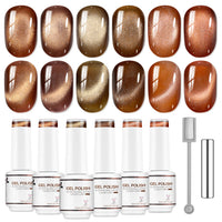 Nicedeco Fine Magnetic Cat Eye Gel Nail Polish Set, 6 Colors 5ML Holographic UV LED Glitter Taupe Brown Soak off Nail Polish with Magnet Nail Art DIY Salon For Women Kit 6-71