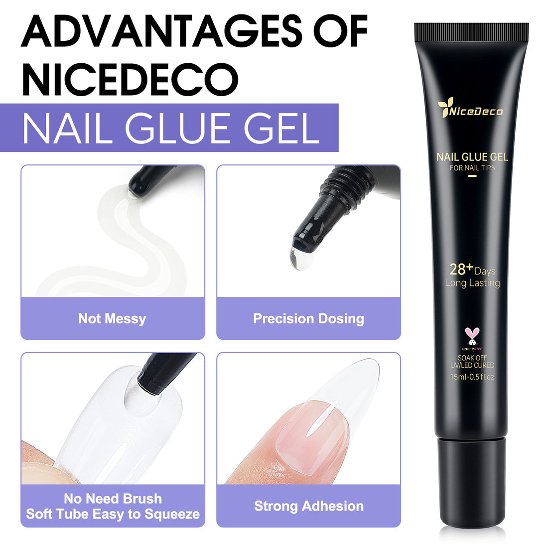 Nicedeco Hema Free Nail Glue Gel for Acrylic Nails Fake Nail Tips 15ML, Cruelty Free, Vegan, Long-Lasting, Led Lamp Required