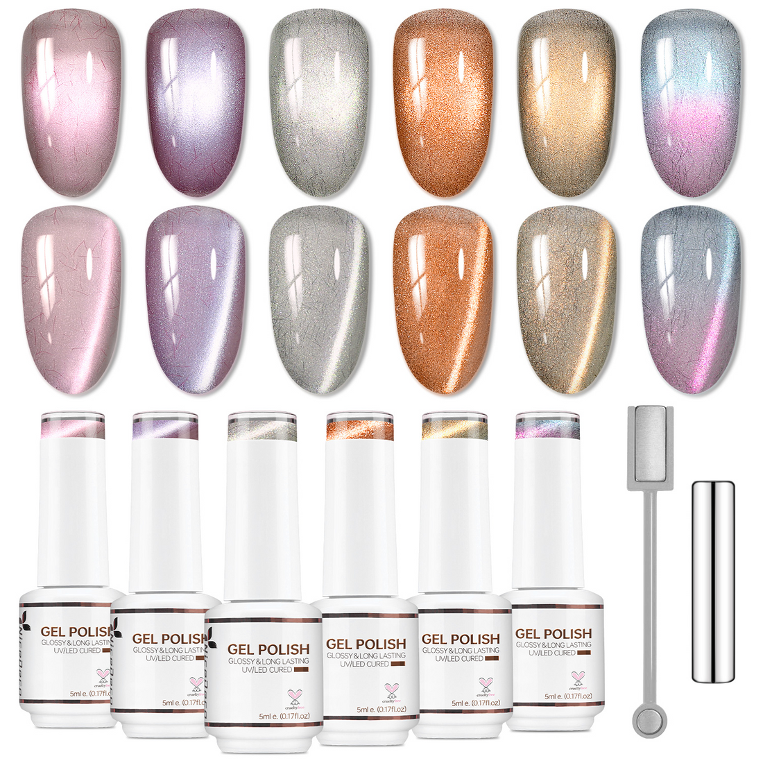 Nicedeco Fur Effect Cat Eye Gel Nail Polish Set, 6 Colors 5ML Holographic UV LED Glitter Soak off Nail Polish with Magnet Nail Art DIY Salon For Women Kit 6-82