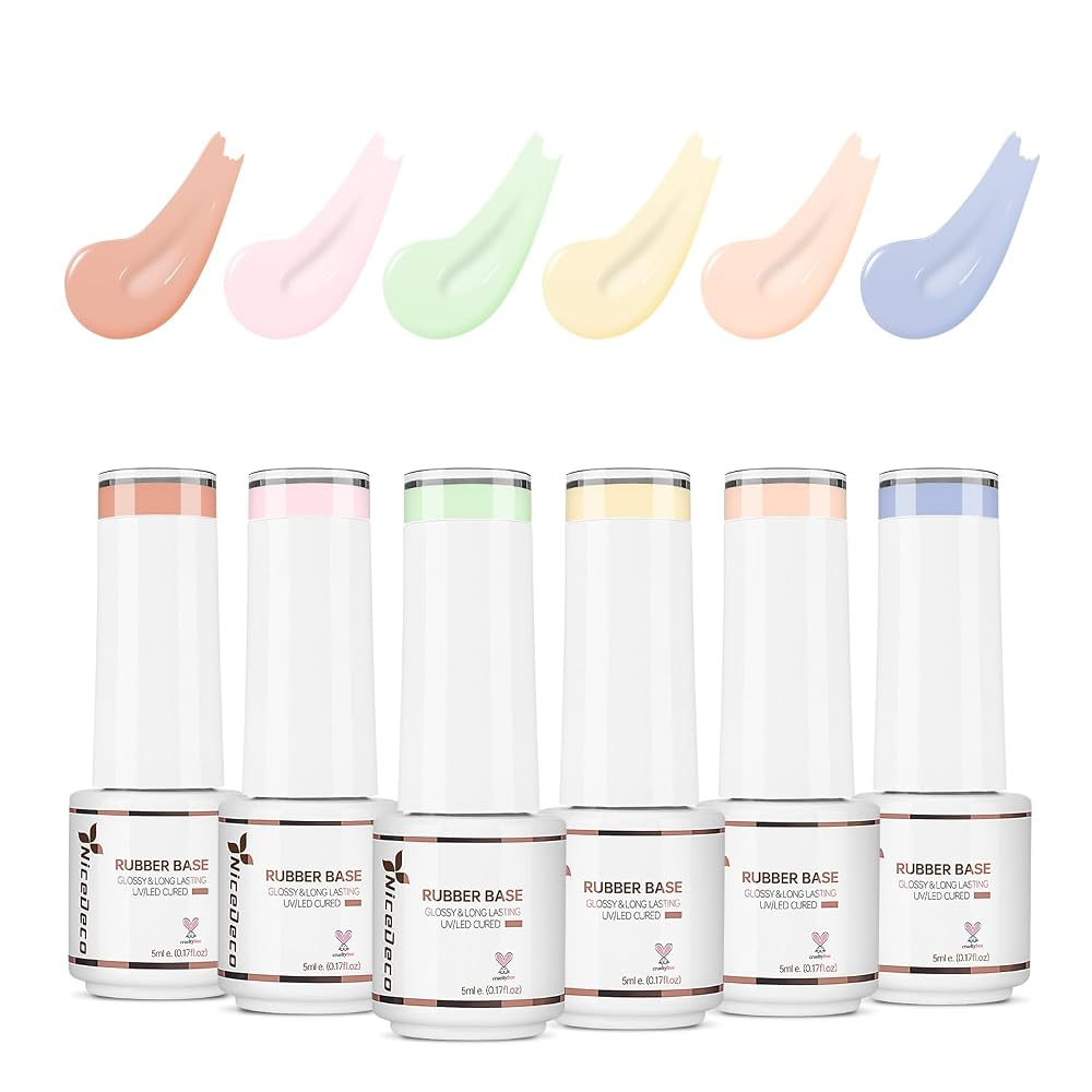 Nicedeco 4 In 1 Rubber Base Gel Set For Nails, Hema Free Sheer Color Gel Nail Polish UV LED,Elastic Rubber Nail Strengthen Enhance Base Coat 6pcs x 5ml-Kit 62