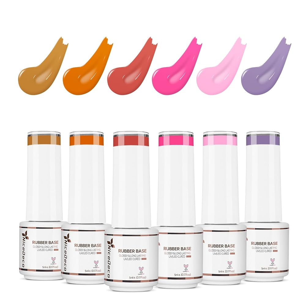 Nicedeco 4 In 1 Rubber Base Gel Set For Nails, Hema Free Sheer Color Gel Nail Polish UV LED,Elastic Rubber Nail Strengthen Enhance Base Coat 6pcs x 5ml-Kit 66