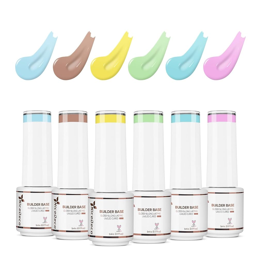 Nicedeco 8 in 1 Builder Base Strengthening Gel, 6x5ml UV/LED Clear Building Nail Gel in a Bottle,for Nails Tips & Extensions, Gel Polish Nail Repair Nail Strengthen NSET6-76