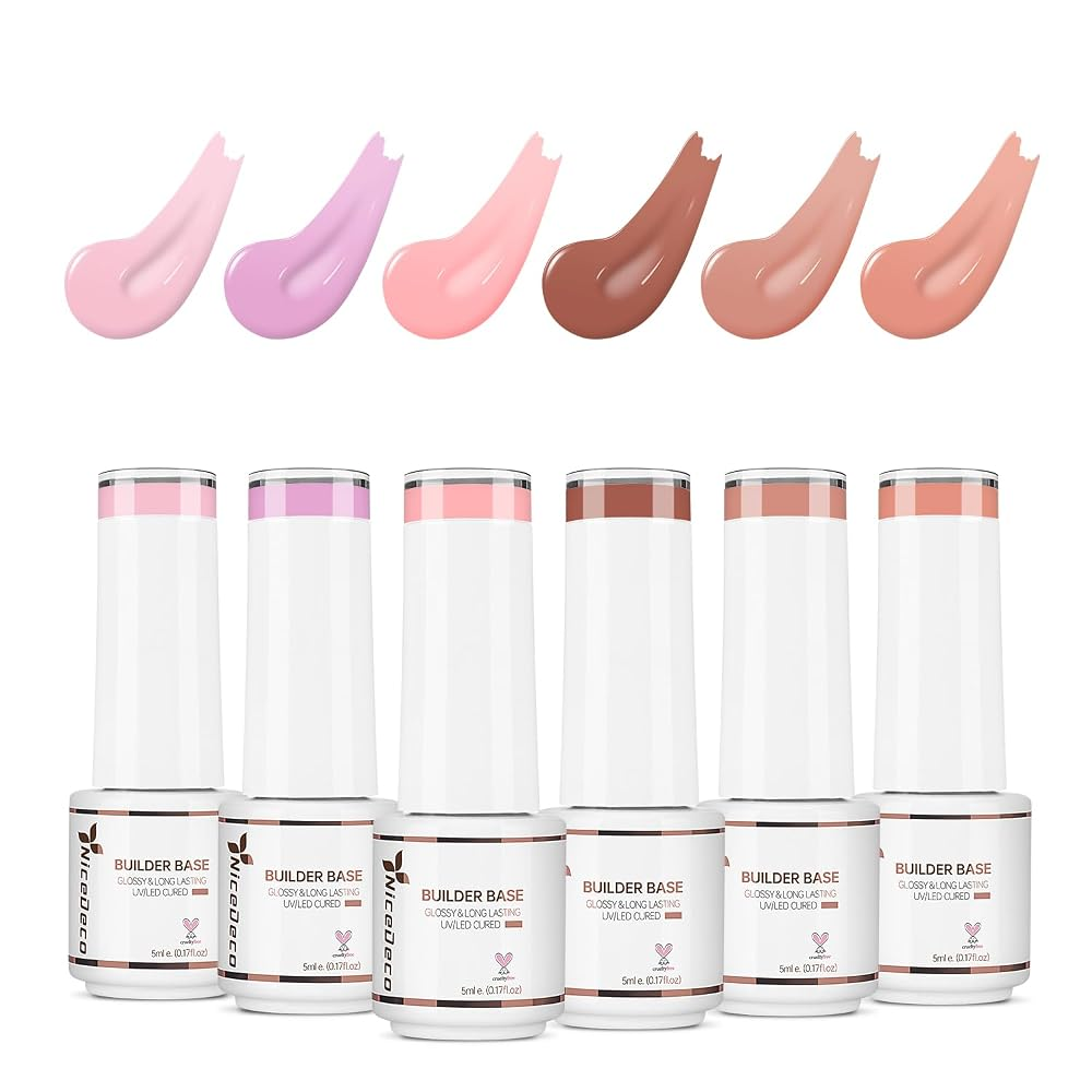 Nicedeco 8 in 1 Builder Base Strengthening Gel, 6x5ml UV/LED Clear Building Nail Gel in a Bottle,for Nails Tips & Extensions, Gel Polish Nail Repair Nail Strengthen NSET6-77