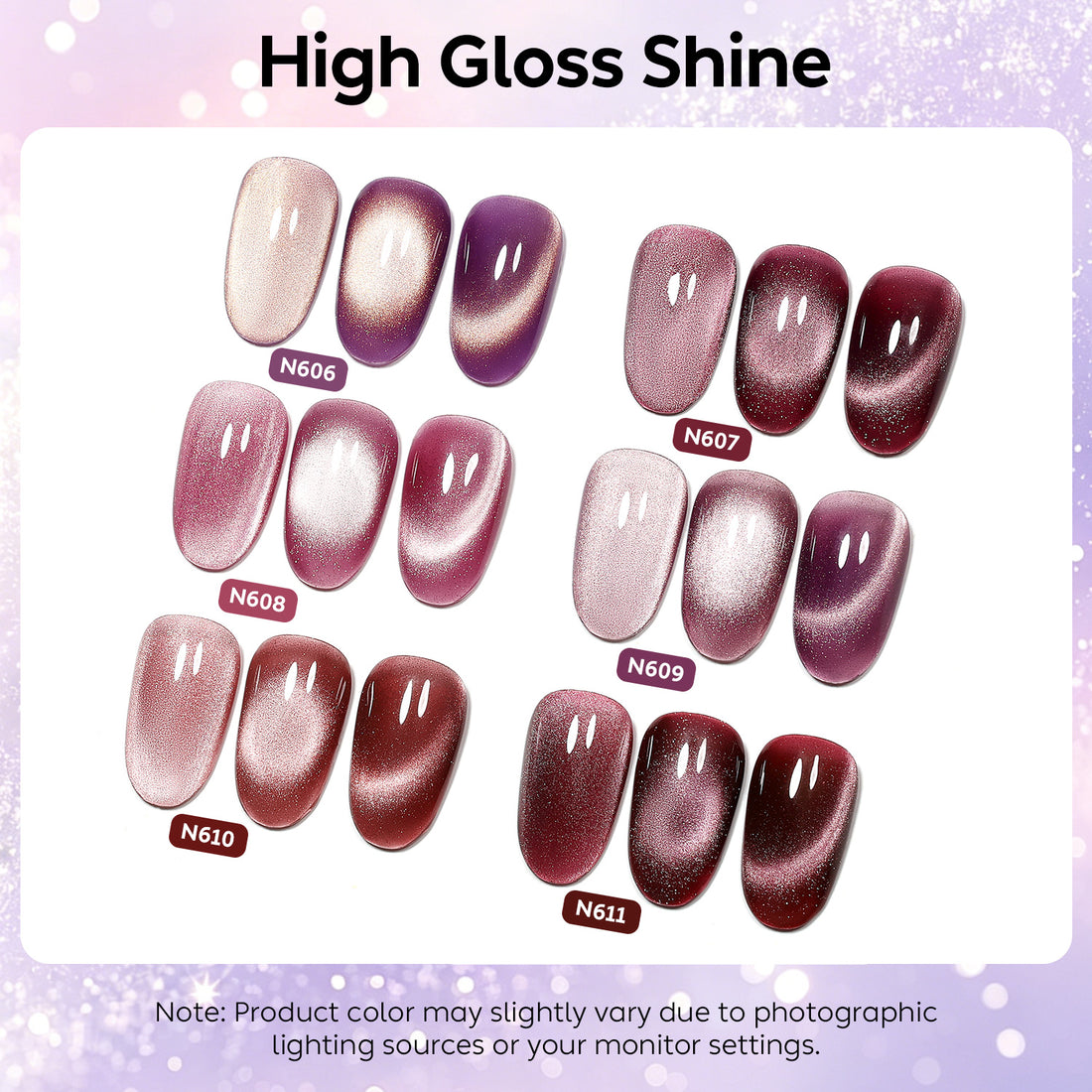 Nicedeco Fine Magnetic Cat Eye Gel Nail Polish Set, 6 Colors 5ML Holographic UV LED Glitter Purple Soak off Nail Polish with Magnet Nail Art DIY Salon For Women Kit 6-69