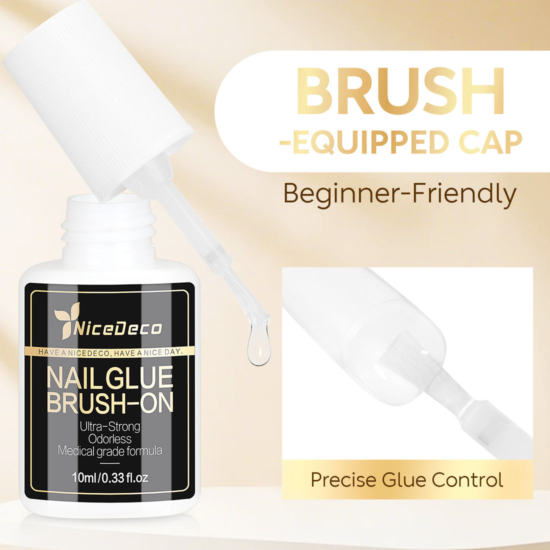 Nicedeco 2 Pcs 10ML Strong Nail Glue - Brush On Professional Adhesive for Quick Press On Nails & Tips, Salon-Worthy Long Lasting Bond, Cruelty Free Vegan Formula, No UV Light Needed