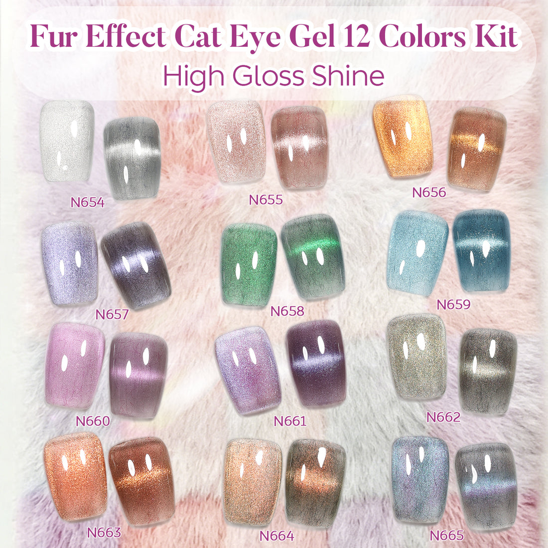 Nicedeco Fur Effect Cat Eye Gel Nail Polish Set, 12 Colors 5ML Holographic UV LED Glitter Soak off Nail Polish with Magnet Nail Art DIY Salon For Women Kit 12-19