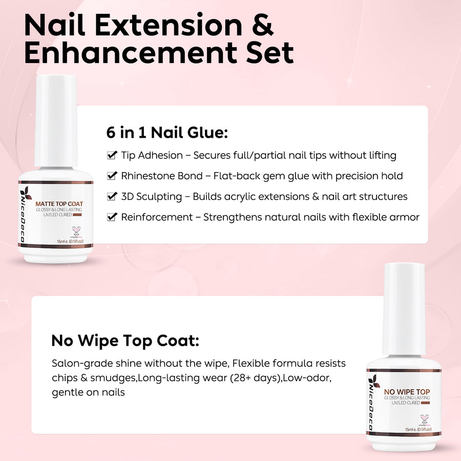Nicedeco Gel Nail Polish 6 in 1 Nail Glue Gel and No Wipe Top Coat Set