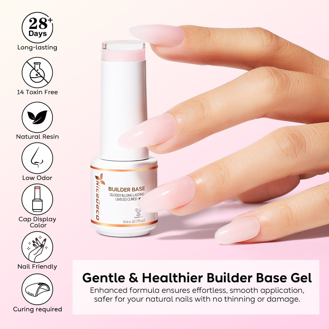 Nicedeco 8 in 1 Builder Base Strengthening Gel, 6x5ml UV/LED Clear Building Nail Gel in a Bottle,for Nails Tips & Extensions, Gel Polish Nail Repair Nail Strengthen NSET6-75
