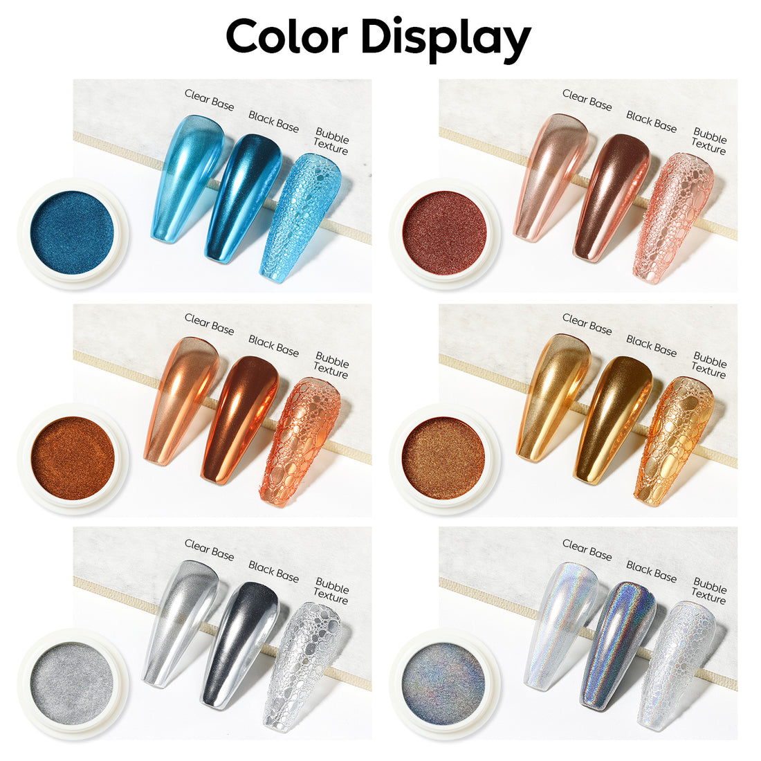 Nicedeco Chrome Nail Powder for Gel Nails, Cruelty Free, Vegan, 6 Jars Metallic Mirror Effect Pigment Nail Glitter Manicure for Nail Art Design Gifts