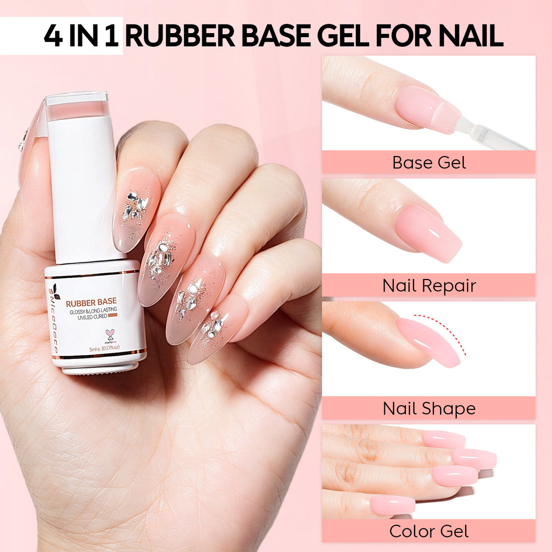 Nicedeco 4 In 1 Rubber Base Gel Set For Nails, Hema Free Sheer Color Gel Nail Polish UV LED,Elastic Rubber Nail Strengthen Enhance Base Coat 6pcs x 5ml-Kit 62