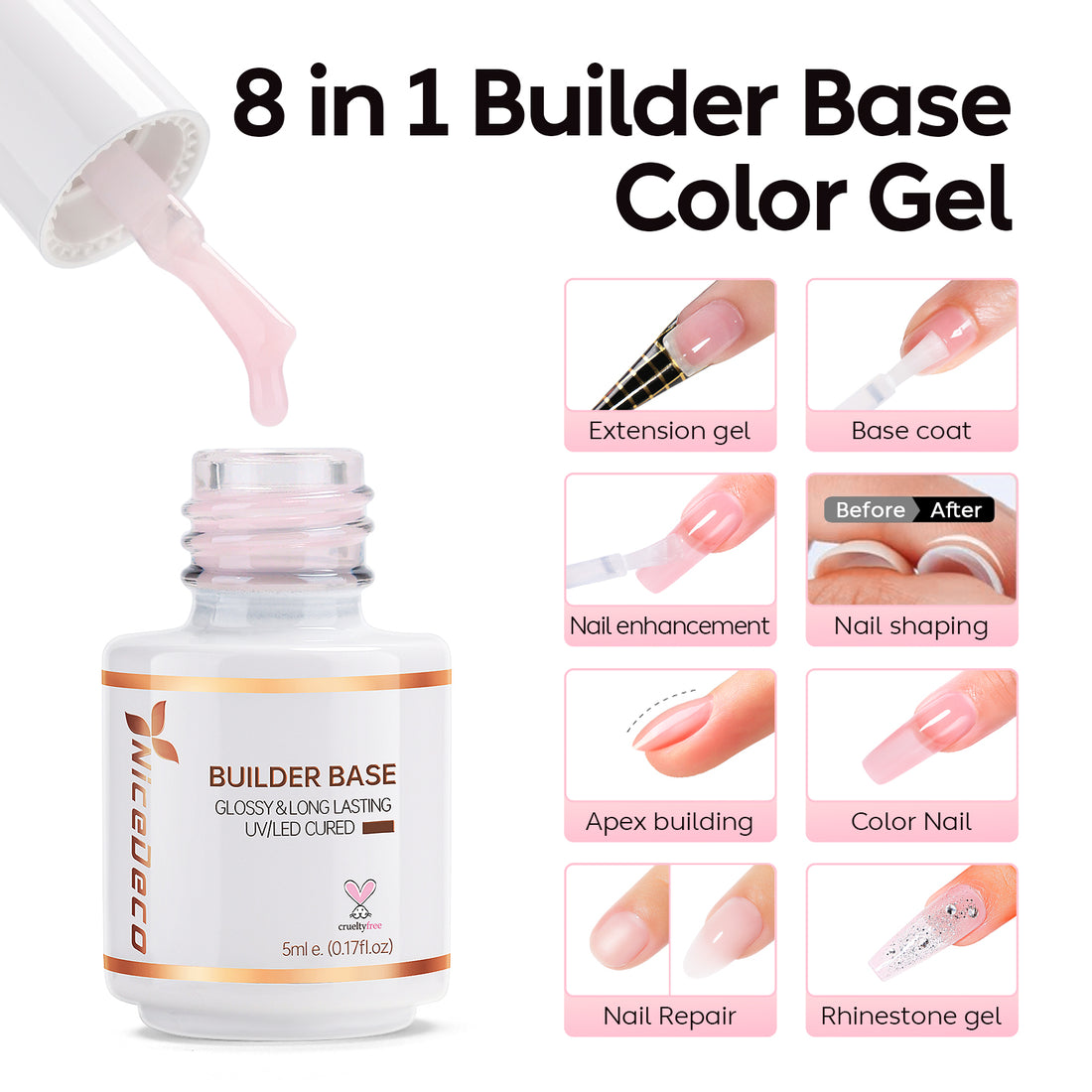 Nicedeco 8 in 1 Builder Base Strengthening Gel, 6x5ml UV/LED Clear Building Nail Gel in a Bottle,for Nails Tips & Extensions, Gel Polish Nail Repair Nail Strengthen NSET6-77