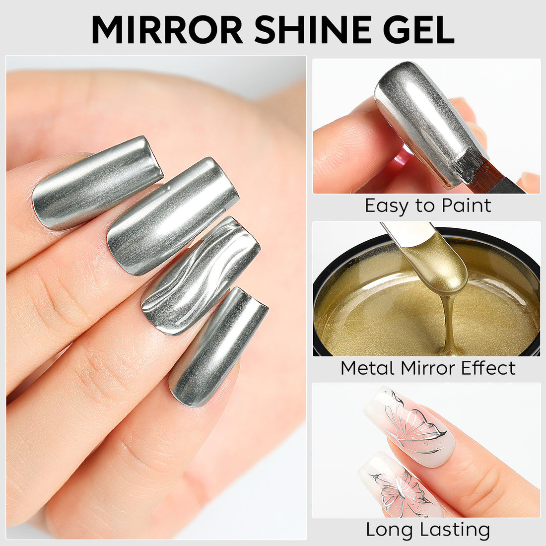 Nicedeco Metallic Gel Nail Polish Set, Hema Free, Silver and Gold 3D Metal Painting Gel for Nail Art, Glossy Mirror Finish, Vegan, Cruelty Free