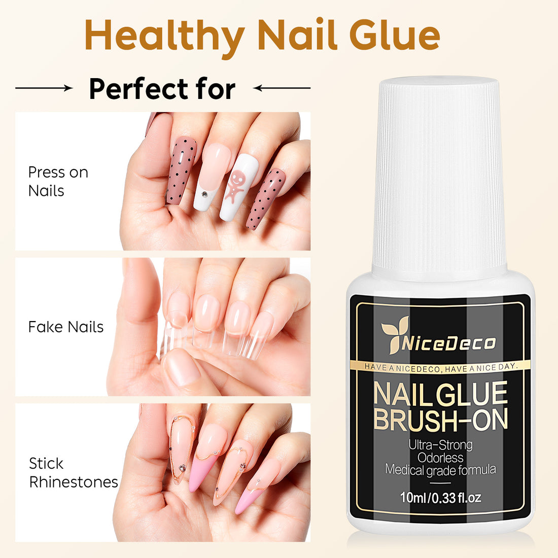 Nicedeco 2 Pcs 10ML Strong Nail Glue - Brush On Professional Adhesive for Quick Press On Nails & Tips, Salon-Worthy Long Lasting Bond, Cruelty Free Vegan Formula, No UV Light Needed