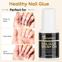 Nicedeco 2 Pcs 10ML Strong Nail Glue - Brush On Professional Adhesive for Quick Press On Nails & Tips, Salon-Worthy Long Lasting Bond, Cruelty Free Vegan Formula, No UV Light Needed