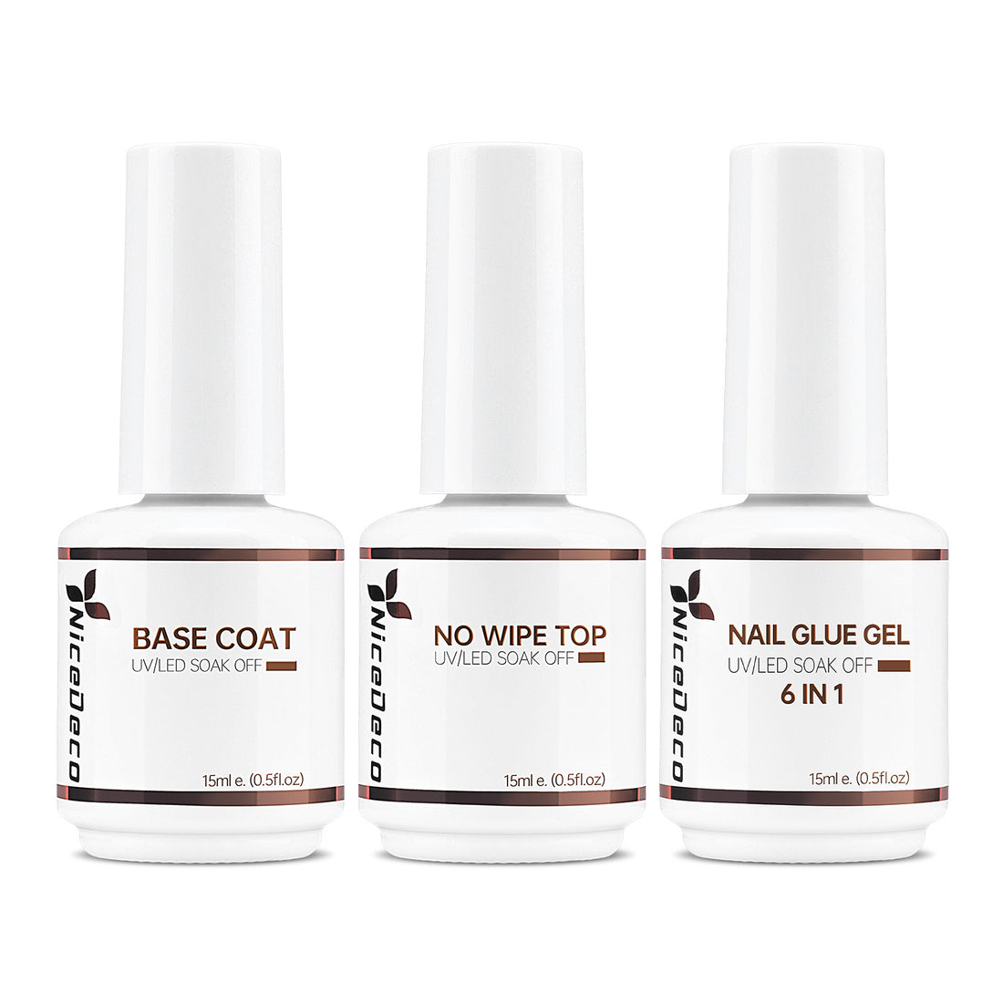 NiceDeco HEMA-free Gel Polish Set -  Base Coat + Top Coat + Nail Glue