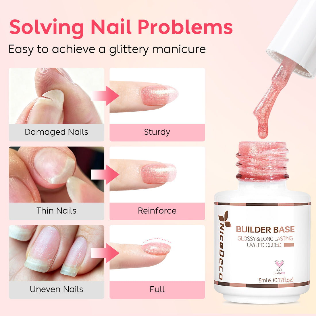 Nicedeco 8 in 1 Glitter Builder Base Strengthening Gel Set 6x5ml Nude Pink684