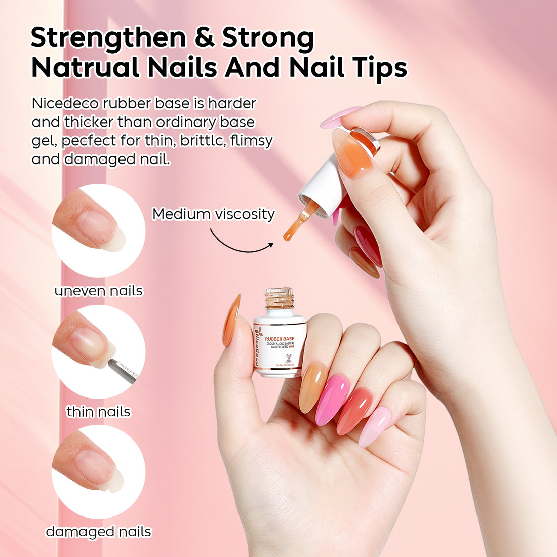 Nicedeco 4 In 1 Rubber Base Gel Set For Nails, Hema Free Sheer Color Gel Nail Polish UV LED,Elastic Rubber Nail Strengthen Enhance Base Coat 6pcs x 5ml-Kit 66