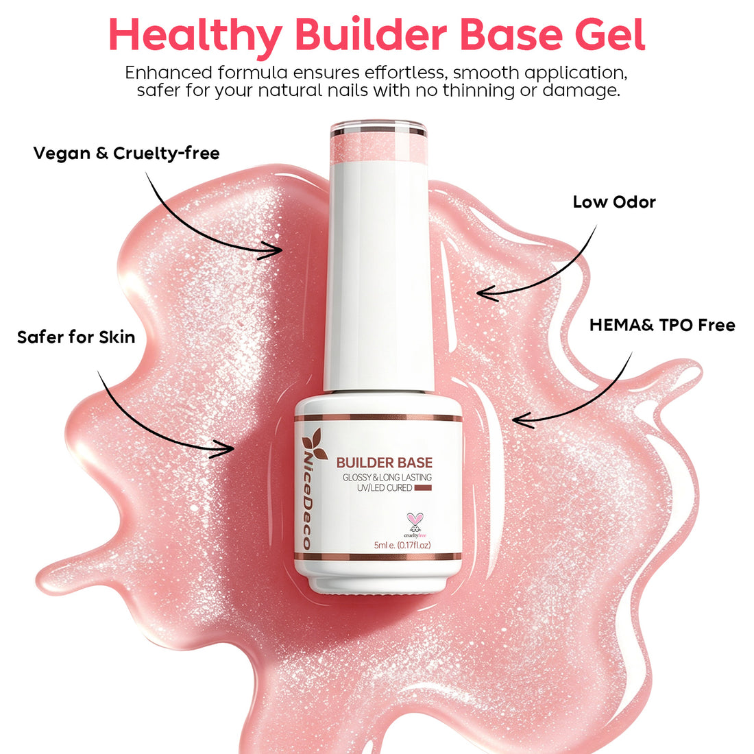 Nicedeco 8 in 1 Glitter Builder Base Strengthening Gel Set 6x5ml Nude Pink684