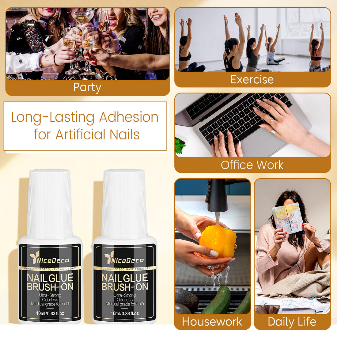 Nicedeco 2 Pcs 10ML Strong Nail Glue - Brush On Professional Adhesive for Quick Press On Nails & Tips, Salon-Worthy Long Lasting Bond, Cruelty Free Vegan Formula, No UV Light Needed