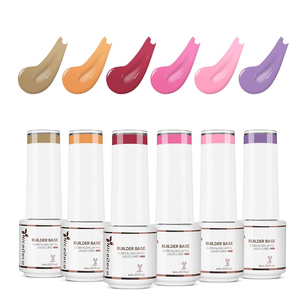 Nicedeco 8 in 1 Builder Base Strengthening Gel, 6x5ml UV/LED Clear Building Nail Gel in a Bottle,for Nails Tips & Extensions, Gel Polish Nail Repair Nail Strengthen NSET6-79