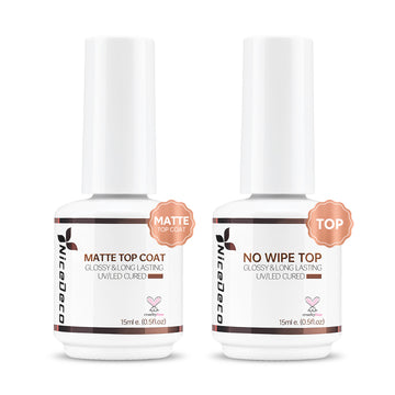 Nicedeco Gel Polish No Wipe Top Coat Matte Top Set, Hema Free, Cruelty Free, Vegan, 2PCS 15ML for Gel Nail Polish Shine Finish and Long Lasting