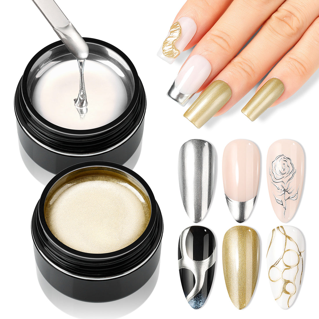 Nicedeco Metallic Gel Nail Polish Set, Hema Free, Silver and Gold 3D Metal Painting Gel for Nail Art, Glossy Mirror Finish, Vegan, Cruelty Free