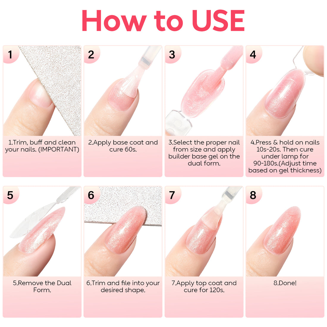 Nicedeco 8 in 1 Glitter Builder Base Strengthening Gel Set 6x5ml Nude Pink687