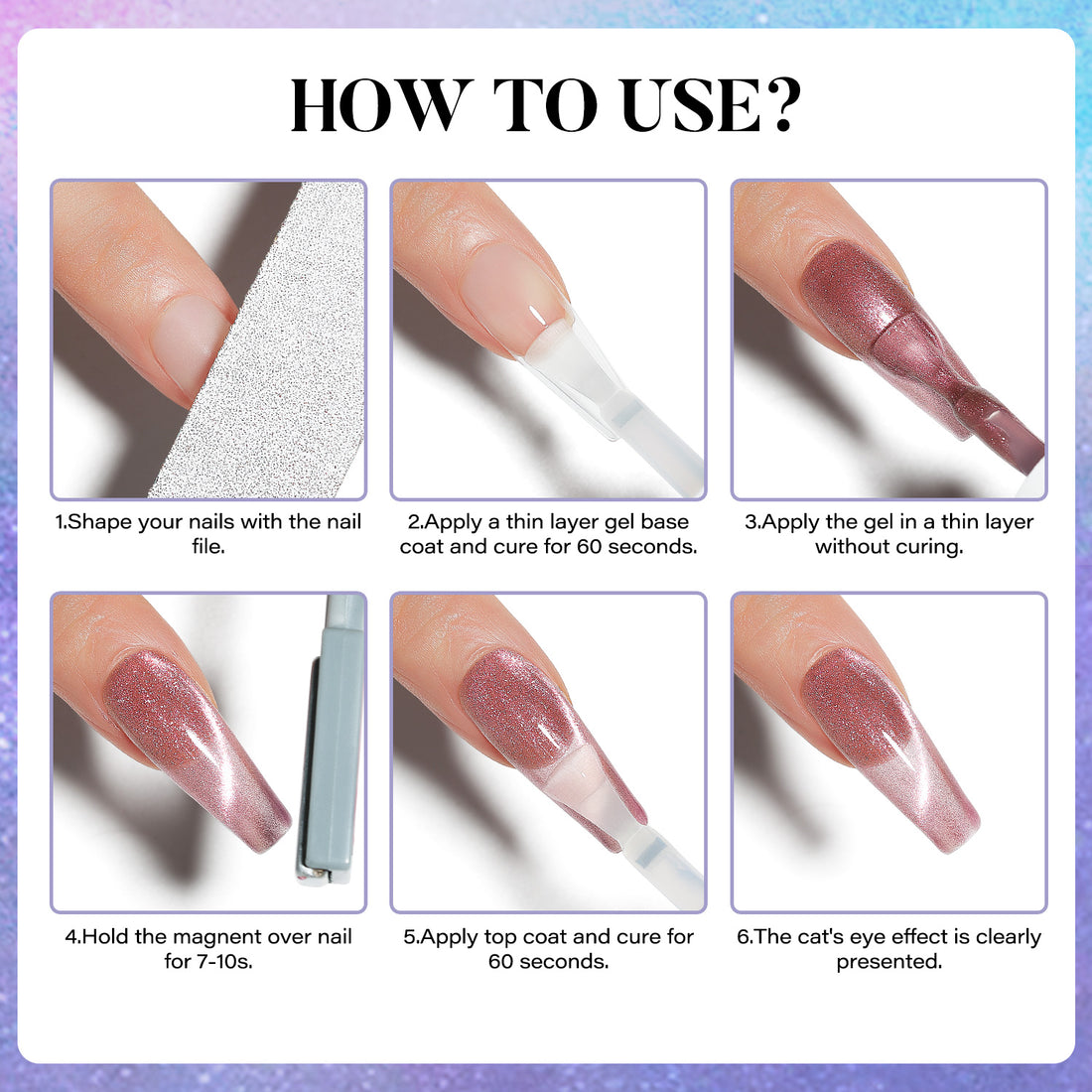 Nicedeco 6 Colors Magnetic Cat Eye Gel Nail Polish Set with Magnet – HEMA Free, Cruelty Free & Vegan, High Gloss Long-Lasting Soak-Off Nail Art Manicure Kit for LED/UV Lamp (5ml Each)