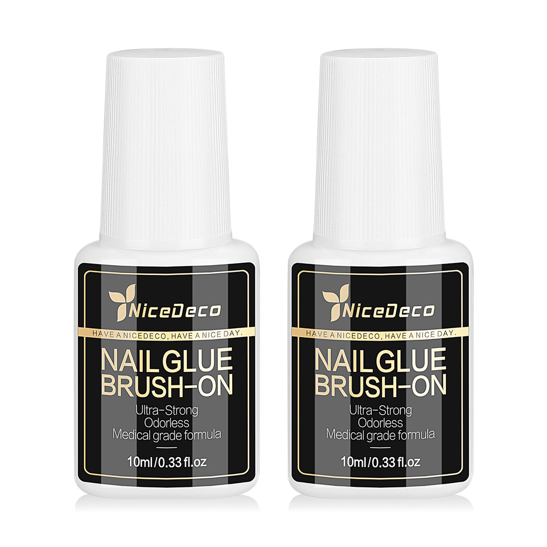 Nicedeco 2 Pcs 10ML Strong Nail Glue - Brush On Professional Adhesive for Quick Press On Nails & Tips, Salon-Worthy Long Lasting Bond, Cruelty Free Vegan Formula, No UV Light Needed