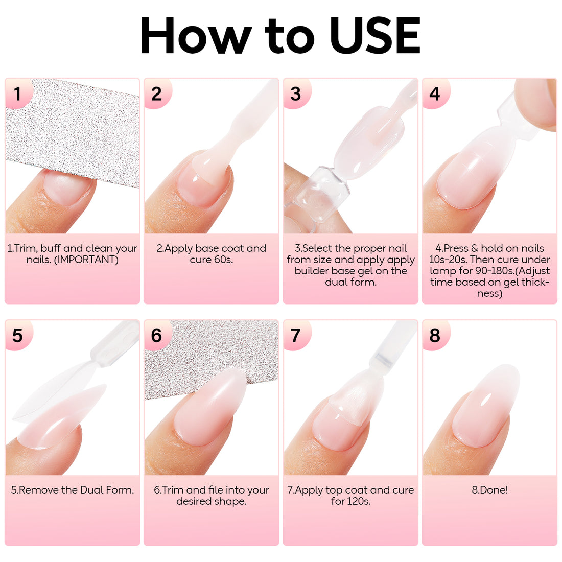 Nicedeco 8 in 1 Builder Base Strengthening Gel, 6x5ml UV/LED Clear Building Nail Gel in a Bottle,for Nails Tips & Extensions, Gel Polish Nail Repair Nail Strengthen NSET6-78