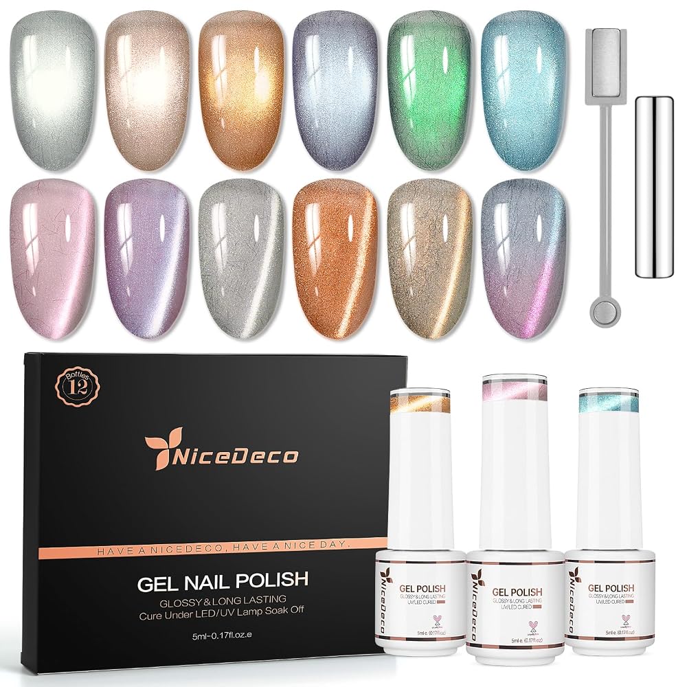 Nicedeco Fur Effect Cat Eye Gel Nail Polish Set, 12 Colors 5ML Holographic UV LED Glitter Soak off Nail Polish with Magnet Nail Art DIY Salon For Women Kit 12-19